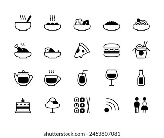 Restaurant food icon set. Modern meal and dish symbol illustrations. Hot dinner plate templates. Vector cafe pictograms for pasta, pizza, bowl, burger, fish, chicken, soup, wok, ramen, rolls, sushi