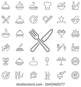 Restaurant Food icon set, sign and symbol, Fork, spoon, knife, plate, chef hat, and cloche or tray icon Vector illustration.