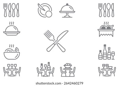 Restaurant Food icon set, sign and symbol, Fork, spoon, knife, plate, chef hat, and cloche or tray icon Vector illustration.