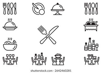 Restaurant Food icon set, sign and symbol, Fork, spoon, knife, plate, chef hat, and cloche or tray icon Vector illustration.