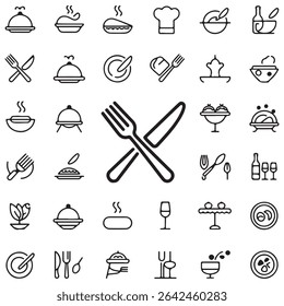 Restaurant Food icon set, sign and symbol, Fork, spoon, knife, plate, chef hat, and cloche or tray icon Vector illustration.