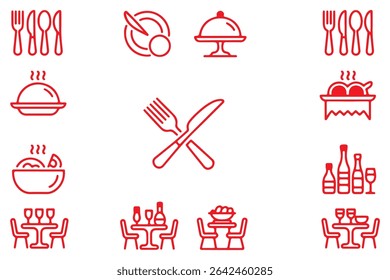 Restaurant Food icon set, sign and symbol, Fork, spoon, knife, plate, chef hat, and cloche or tray icon Vector illustration.