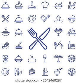 Restaurant Food icon set, sign and symbol, Fork, spoon, knife, plate, chef hat, and cloche or tray icon Vector illustration.