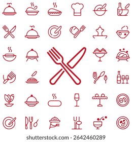 Restaurant Food icon set, sign and symbol, Fork, spoon, knife, plate, chef hat, and cloche or tray icon Vector illustration.