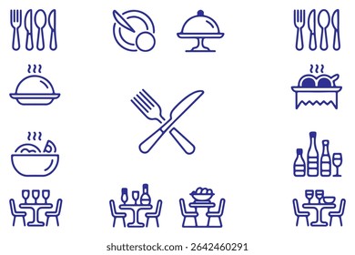 Restaurant Food icon set, sign and symbol, Fork, spoon, knife, plate, chef hat, and cloche or tray icon Vector illustration.