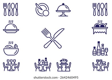 Restaurant Food icon set, sign and symbol, Fork, spoon, knife, plate, chef hat, and cloche or tray icon Vector illustration.