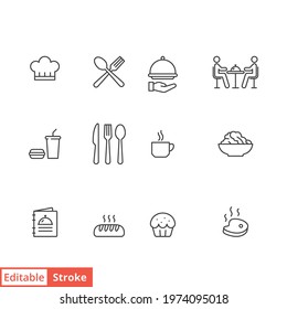 Restaurant food icon set. Simple outline style. Eat, kitchen, table, plate, chef, dinner, dish, food and beverage concept. Vector illustration isolated on white background. Editable stroke EPS 10.