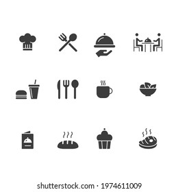 Restaurant food icon set. Simple solid style. Eat, kitchen, table, plate, chef, dinner, dish, drink, hot, food and beverage concept. Vector illustration isolated on white background. EPS 10.