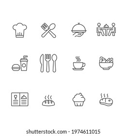 Restaurant food icon set. Simple outline style. Eat, kitchen, table, plate, chef, dinner, dish, drink, hot, food and beverage concept. Vector illustration isolated on white background. EPS 10.