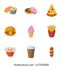 Restaurant food icons set. Cartoon set of 9 restaurant food vector icons for web isolated on white background