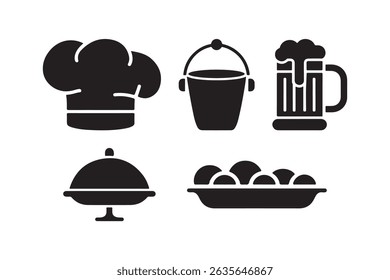Restaurant Food Icons Set Chef Hat, Beer Mug, Meal Tray, Bucket, and Dish Silhouettes