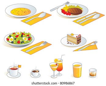 Restaurant food icons - soup, main dish, salad, dessert, coffee, tea, cocktails, soft drink, hard drink. Vector illustration. More from this series