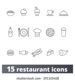 Restaurant and food icons: vector set of meals and kitchen signs. Outline series.