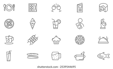 Restaurant and Food line icon set. Food, fish, chicken, spoon, cake, fruit, burger, donuts, juice, water, table, customer line icon set. UI thin line icon pack.