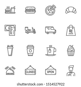 Restaurant food line icons set. linear style symbols collection outline signs pack. vector graphics. Set includes icons as fast food, pizza, croissant, waiter, scooter, call button, burger, coffee cup