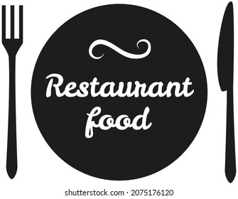 Restaurant food logo design template. Graphic plate and cutlery icon symbol for cafe, restaurant, cooking business. Modern linear catering label, emblem. Hand drawn lettering for food cooking