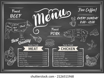 Restaurant Food Menu Design with Chalkboard Background. Vector.