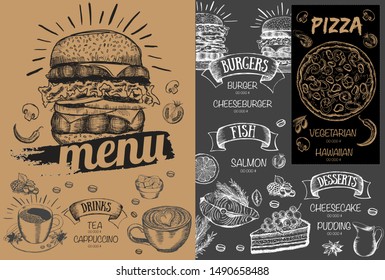 Restaurant food menu design, hand drawn illustrations.