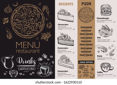 Restaurant food menu design, hand drawn illustrations. Vector food flyer.