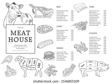 Restaurant Food Menu Design. Meat house restaurant menu price template for meat dishes. Menu of grilled meat sausages, beef, pork, chicken. Vector sketch design of beef steak and chicken grill.