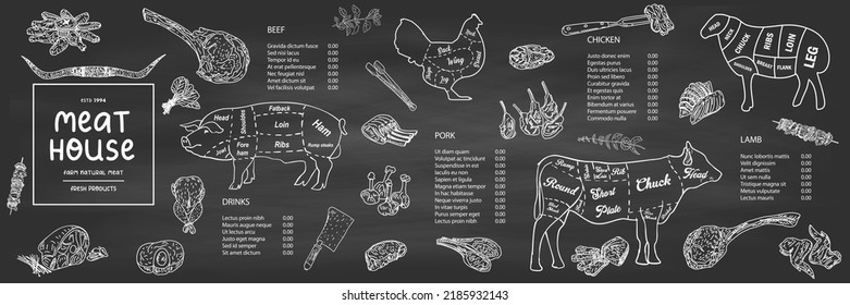 Restaurant Food Menu Design. Meat house restaurant menu price template for meat dishes. Menu of grilled meat sausages, beef, pork, chicken. Vector sketch design of beef steak and chicken grill.