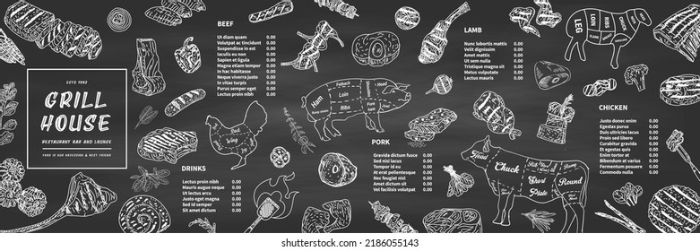 Restaurant Food Menu Design. Meat house restaurant menu price template for meat dishes. Menu of grilled meat sausages, beef, pork, chicken. Vector sketch design of beef steak and chicken grill.