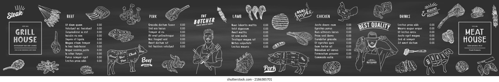 Restaurant Food Menu Design. Meat house restaurant menu price template for meat dishes. Menu of grilled meat sausages, beef, pork, chicken. Vector sketch design of beef steak and chicken grill.