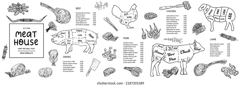 Restaurant Food Menu Design. Meat house restaurant menu price template for meat dishes. Menu of grilled meat sausages, beef, pork, chicken. Vector sketch design of beef steak and chicken grill.