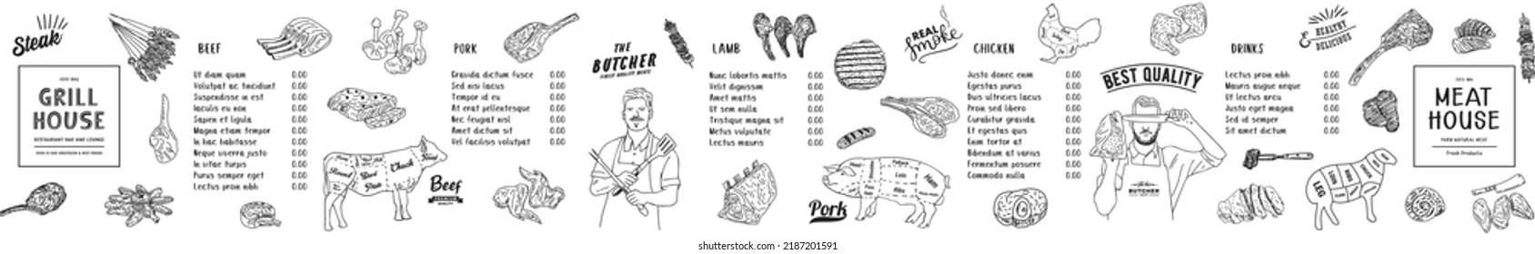 Restaurant Food Menu Design. Meat house restaurant menu price template for meat dishes. Menu of grilled meat sausages, beef, pork, chicken. Vector sketch design of beef steak and chicken grill.