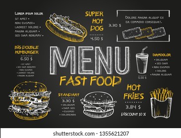 Restaurant Food Menu Design template with Chalkboard Background. Vintage chalk drawing fast food menu in vector sketch style