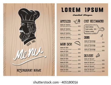 Restaurant food menu design template with face chef wood texture background 