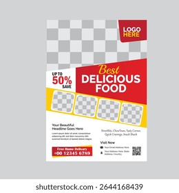 Restaurant Food Menu Flyer Template Design with Delicious Food Images and Up to 50 Discount Offer	