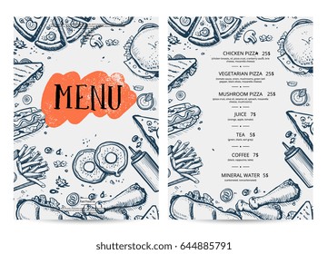 Restaurant food menu hand drawn design. Cafe price catalog, junk food card with snack linear sketches. Fast food vector template with hand drawn pizza, hot dog, chicken, drink pencil doodles