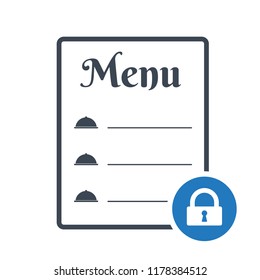 Restaurant food menu icon, cafe menu concept icon with padlock sign. Restaurant food menu icon and security, protection, privacy symbol