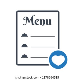 Restaurant food menu icon, cafe menu concept icon with heart sign. Restaurant food menu icon and favorite, like, love, care symbol