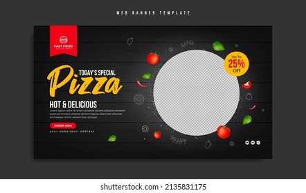 Restaurant food menu social media marketing web banner template design with logo and vegetable icon. Fast food business promotion flyer or website cover. Pizza and burger online sale video thumbnail.