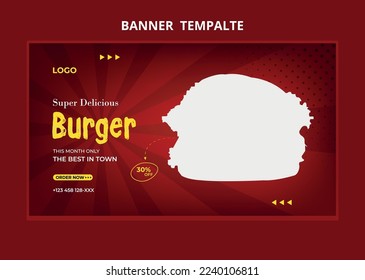 Banner de la web de marketing en medios sociales de menú de comida para restaurantes. Pizza, hamburguesa o hamburguesa en línea promoción de venta en miniatura. Fondo del sitio web de comida rápida. Volante de comida con logotipo e icono comercial.