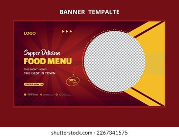 Banner de la web de marketing en medios sociales de menú de comida para restaurantes. Pizza, hamburguesa o hamburguesa en línea promoción de venta en miniatura. Fondo del sitio web de comida rápida. plantilla de banner web.