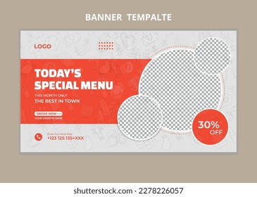 Restaurant food menu social media marketing web banner. Pizza, burger or hamburger online sale promotion video thumbnail. Fast food website background. Food flyer with logo and business icon.