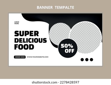 Restaurant food menu social media marketing web banner. Pizza, burger or hamburger online sale promotion video thumbnail. Fast food website background. Food flyer with logo and business icon.