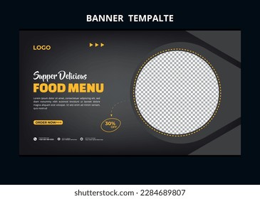 Restaurant food menu social media marketing web banner. Pizza, burger or hamburger online sale promotion video thumbnail. Fast food website background. Food flyer with logo and business icon.