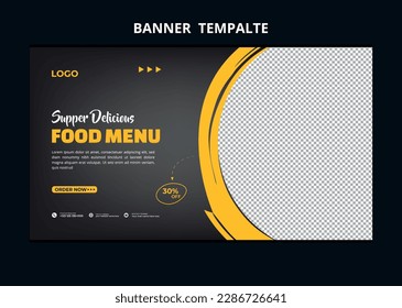 Restaurant food menu social media marketing web banner. Pizza, burger or hamburger online sale promotion video thumbnail. Fast food website background. Food flyer with logo and business icon.