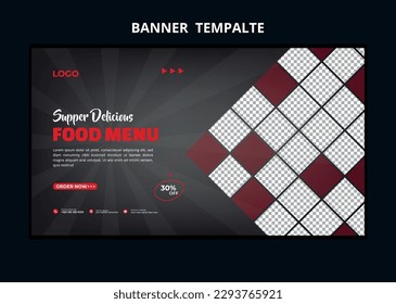 Restaurant food menu social media marketing web banner. Pizza, burger or hamburger online sale promotion video thumbnail. Fast food website background. Food flyer with logo and business icon.