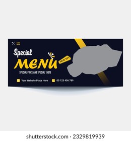 Restaurant food menu social media marketing web banner. Pizza, burger or hamburger online sale promotion video thumbnail. Fast food website background. Food flyer with logo and business icon.