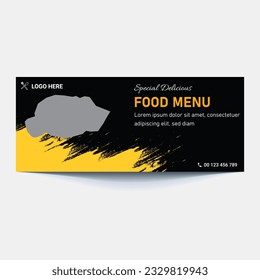 Restaurant food menu social media marketing web banner. Pizza, burger or hamburger online sale promotion video thumbnail. Fast food website background. Food flyer with logo and business icon.