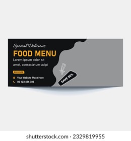 Restaurant food menu social media marketing web banner. Pizza, burger or hamburger online sale promotion video thumbnail. Fast food website background. Food flyer with logo and business icon.