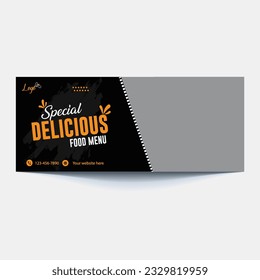 Restaurant food menu social media marketing web banner. Pizza, burger or hamburger online sale promotion video thumbnail. Fast food website background. Food flyer with logo and business icon.