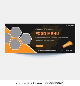 Restaurant food menu social media marketing web banner. Pizza, burger or hamburger online sale promotion video thumbnail. Fast food website background. Food flyer with logo and business icon.