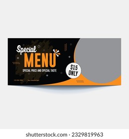 Restaurant food menu social media marketing web banner. Pizza, burger or hamburger online sale promotion video thumbnail. Fast food website background. Food flyer with logo and business icon.