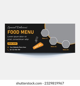 Restaurant food menu social media marketing web banner. Pizza, burger or hamburger online sale promotion video thumbnail. Fast food website background. Food flyer with logo and business icon.